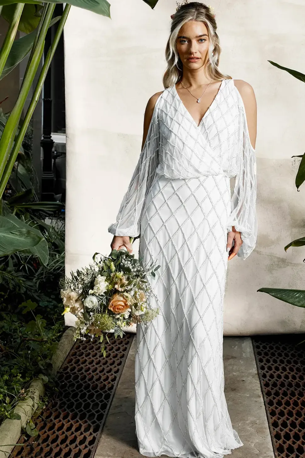 Geometric Embellished Cold Shoulder Wedding Dress