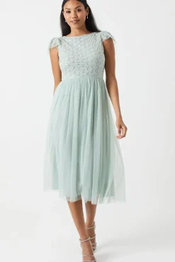 Geometric Embroidered Flutter Sleeve Bridesmaid Midi Dress