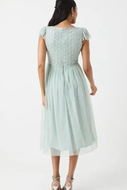 Geometric Embroidered Flutter Sleeve Bridesmaid Midi Dress