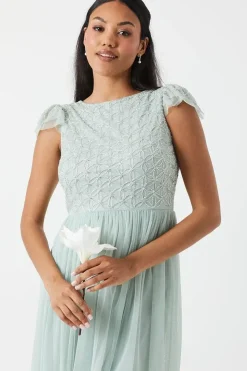 Geometric Embroidered Flutter Sleeve Bridesmaid Midi Dress