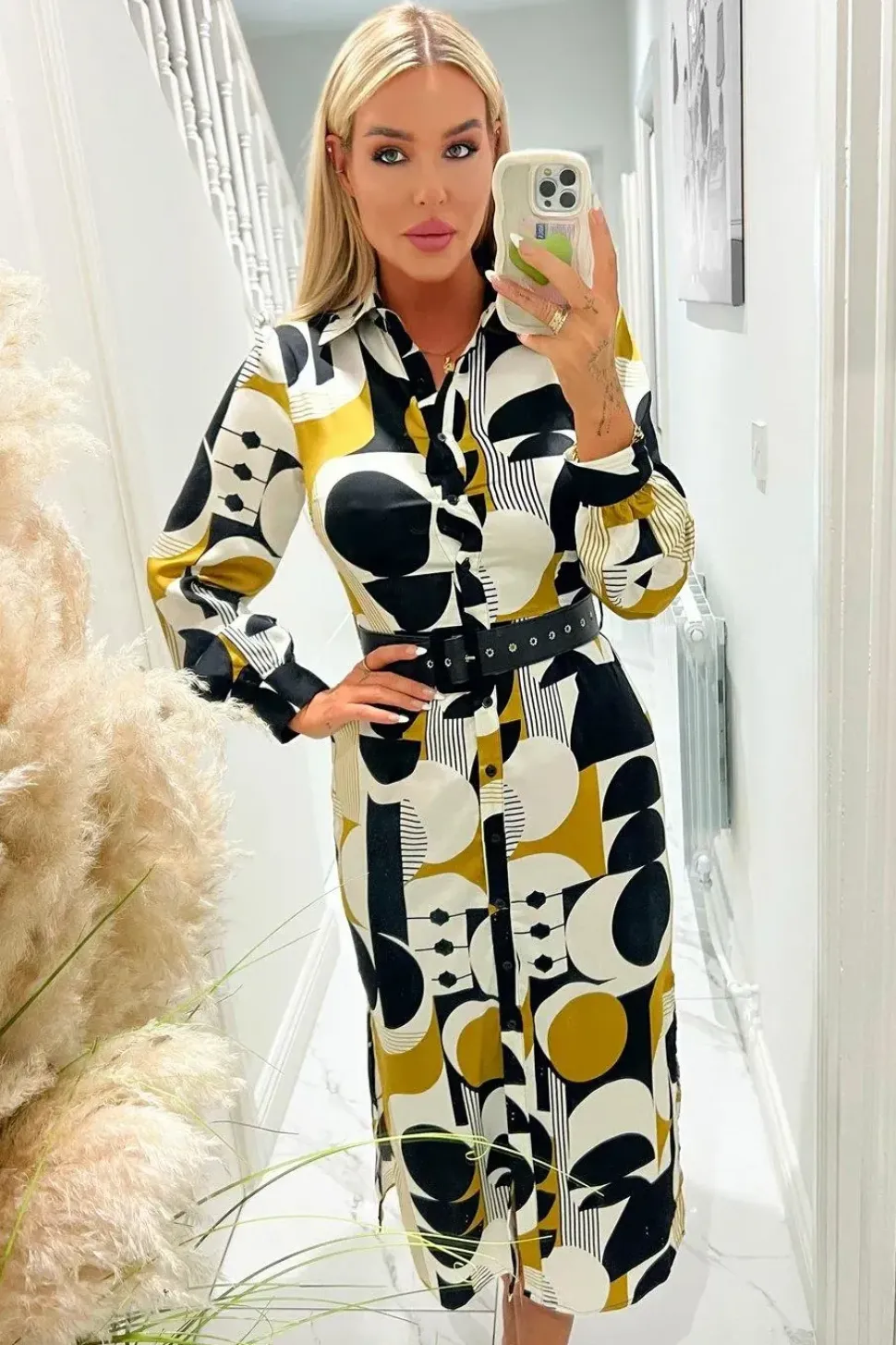 Geometric Print Button Front Midi Belted Shirt Dress