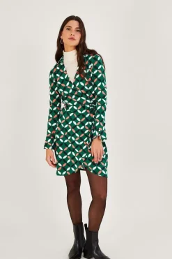 Geometric Print Wrap Tie Side Jersey Dress