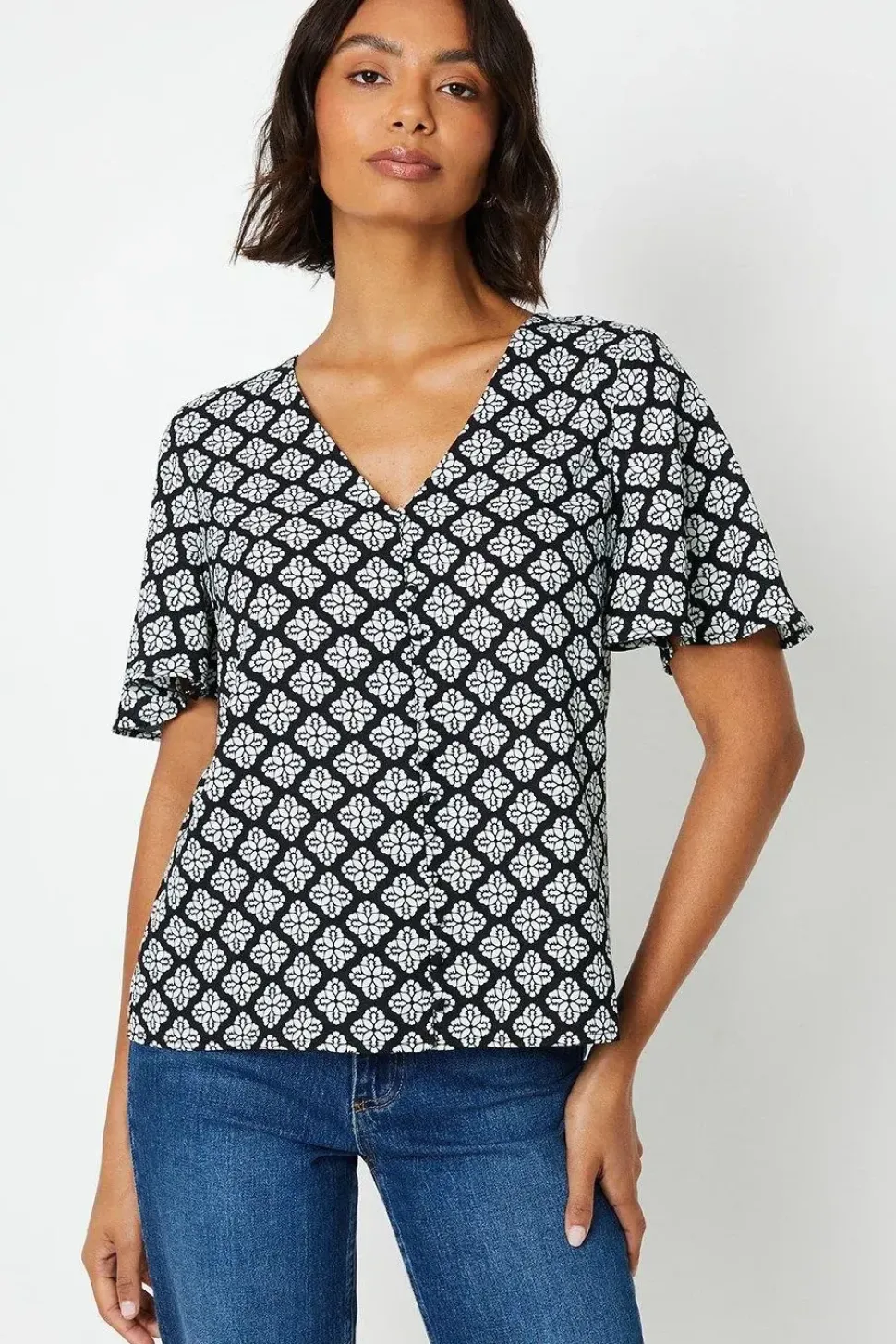 Geo Print Button Front Blouse