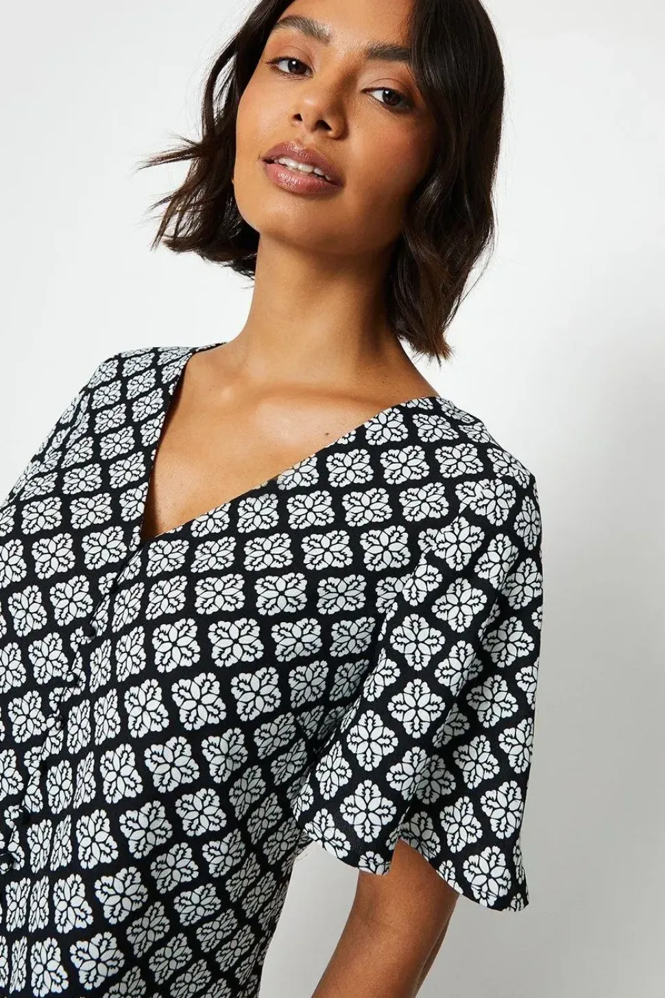 Geo Print Button Front Blouse