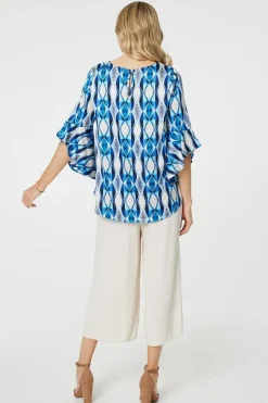Geo Print 3/4 Flute Sleeve Curve Hem Blouse