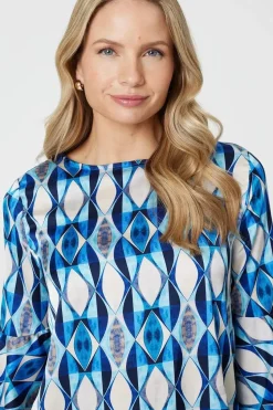 Geo Print 3/4 Flute Sleeve Curve Hem Blouse
