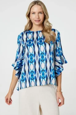 Geo Print 3/4 Flute Sleeve Curve Hem Blouse