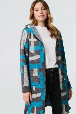 Geo Print Hooded Longline Zip-Up Jacket