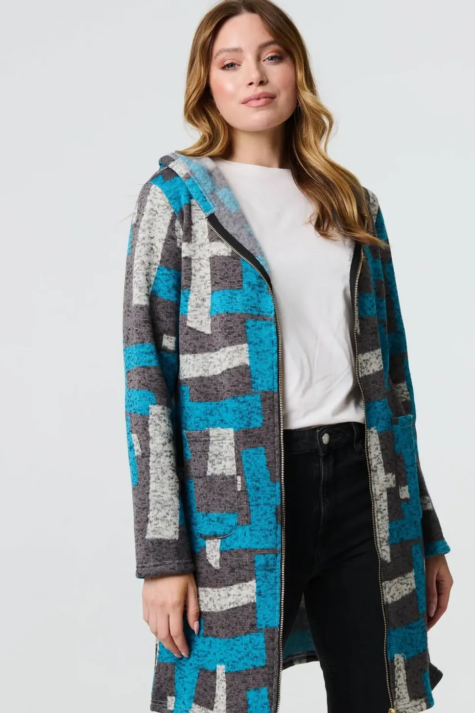 Geo Print Hooded Longline Zip-Up Jacket