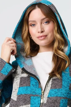 Geo Print Hooded Longline Zip-Up Jacket