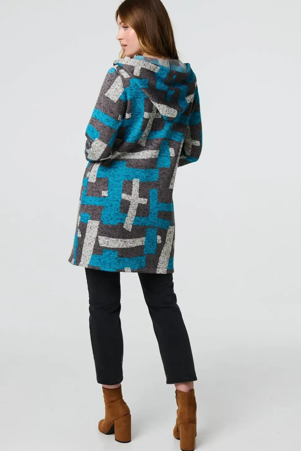 Geo Print Hooded Longline Zip-Up Jacket