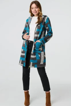 Geo Print Hooded Longline Zip-Up Jacket