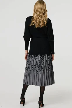Geo Print Pleated Knit Midi Skirt