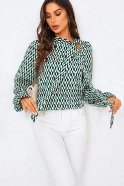 Geo Print Side Tie Blouse Top