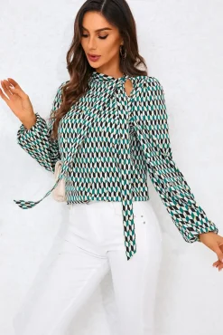 Geo Print Side Tie Blouse Top