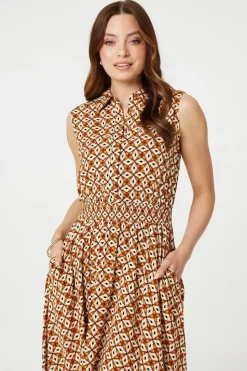 Geo Print Sleeveless Midi Shirt Dress