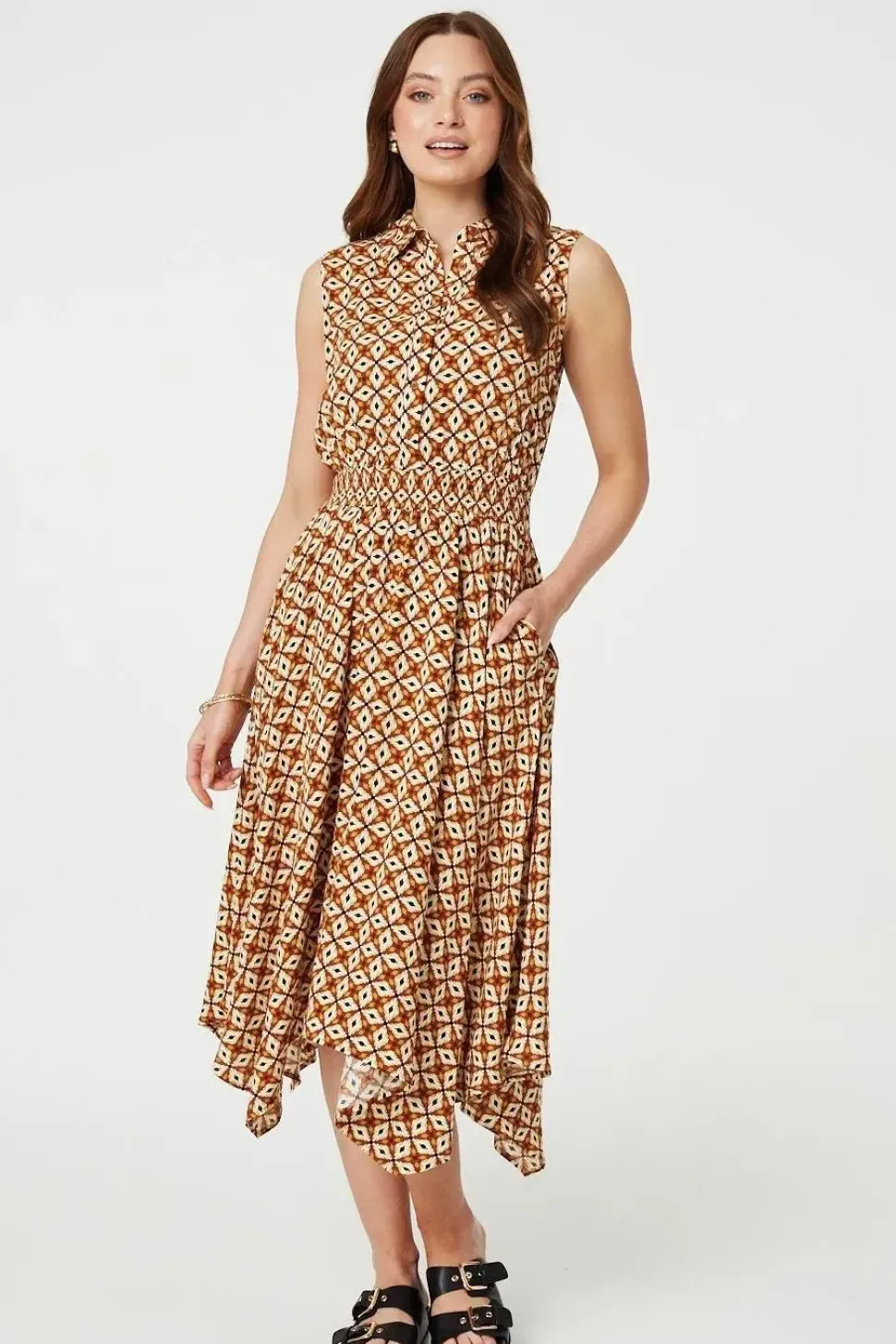 Geo Print Sleeveless Midi Shirt Dress