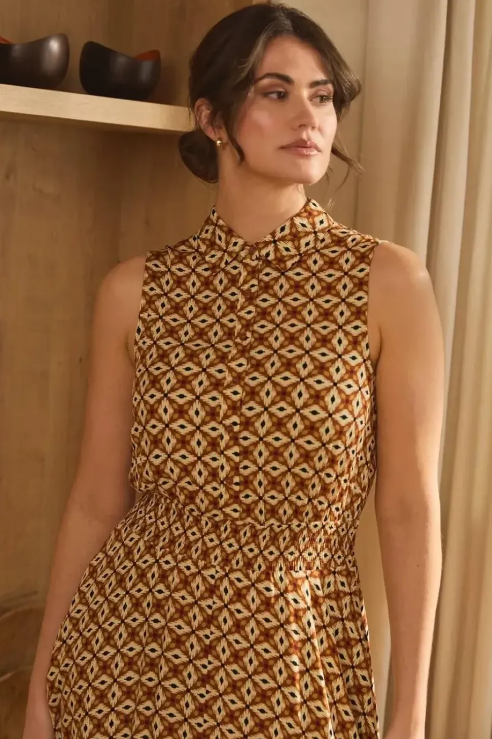 Geo Print Sleeveless Midi Shirt Dress