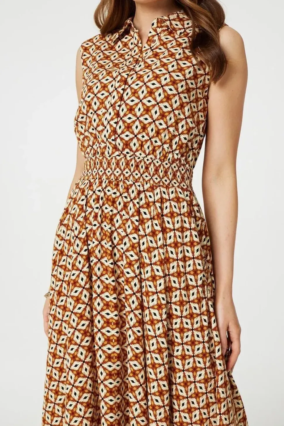 Geo Print Sleeveless Midi Shirt Dress