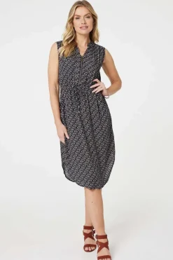 Geo Print Sleeveless Zip Front Midi Dress