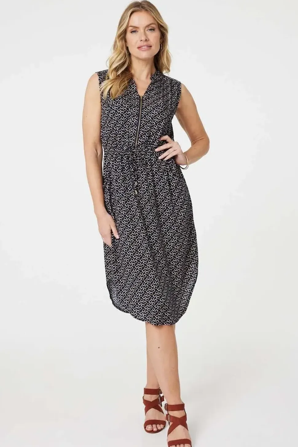 Geo Print Sleeveless Zip Front Midi Dress
