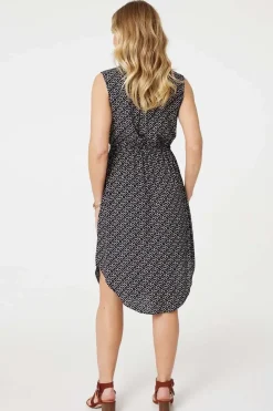 Geo Print Sleeveless Zip Front Midi Dress