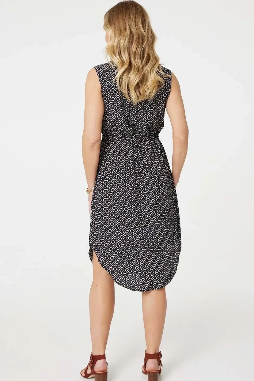 Geo Print Sleeveless Zip Front Midi Dress