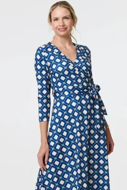 Geo Print 3/4 Sleeve Midi Wrap Dress