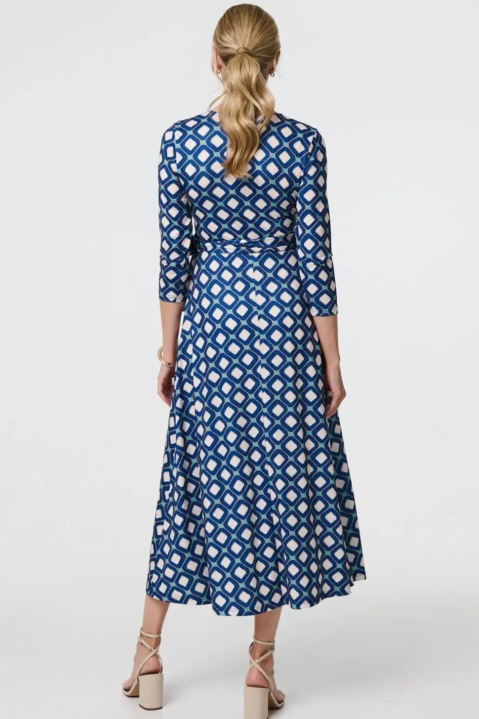 Geo Print 3/4 Sleeve Midi Wrap Dress