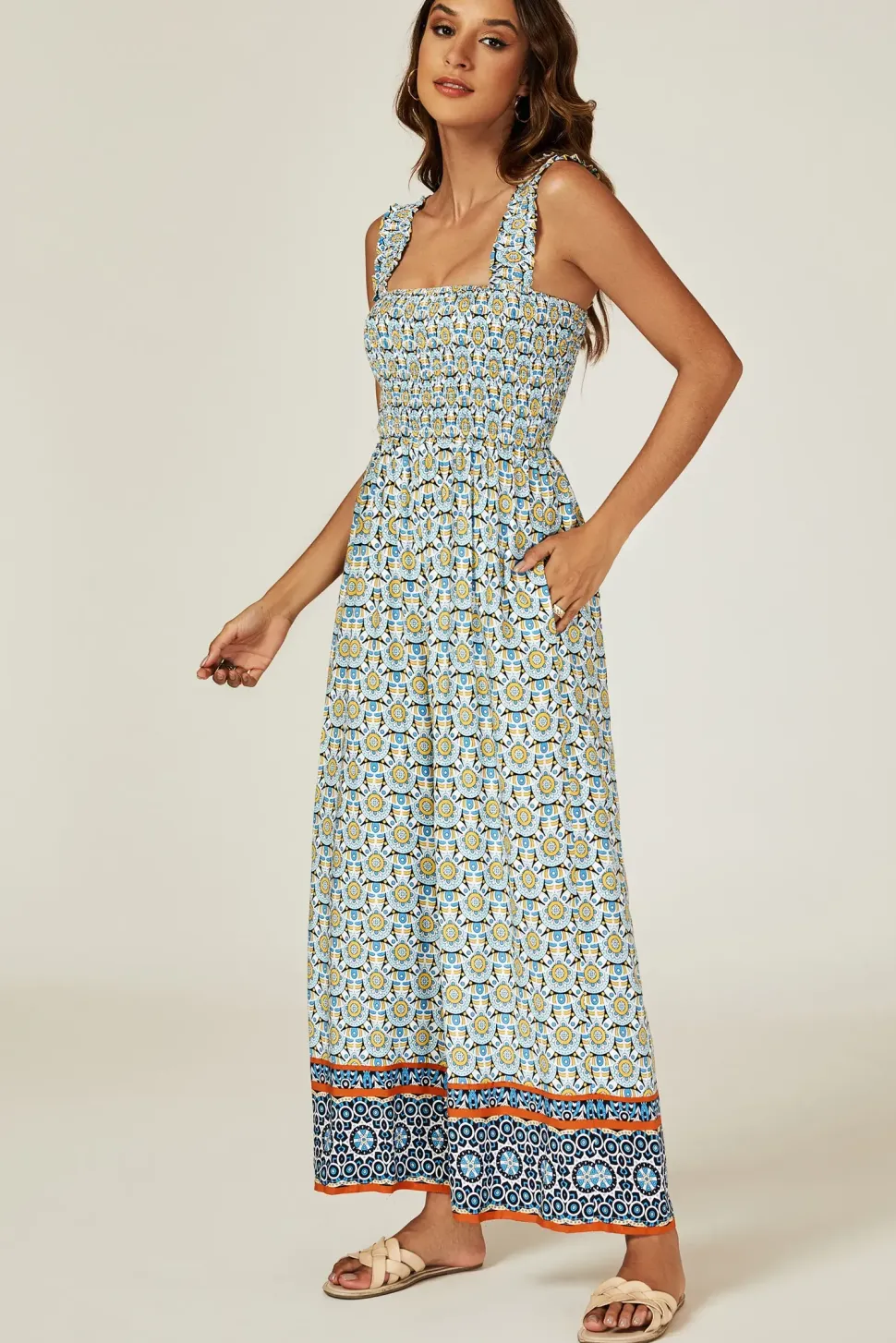 Geo Print Stretchy Smocked Wide Leg Jumpsuit In Blue