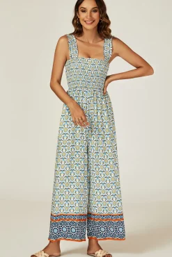 Geo Print Stretchy Smocked Wide Leg Jumpsuit In Blue