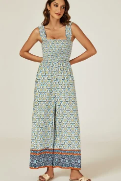 Geo Print Stretchy Smocked Wide Leg Jumpsuit In Blue