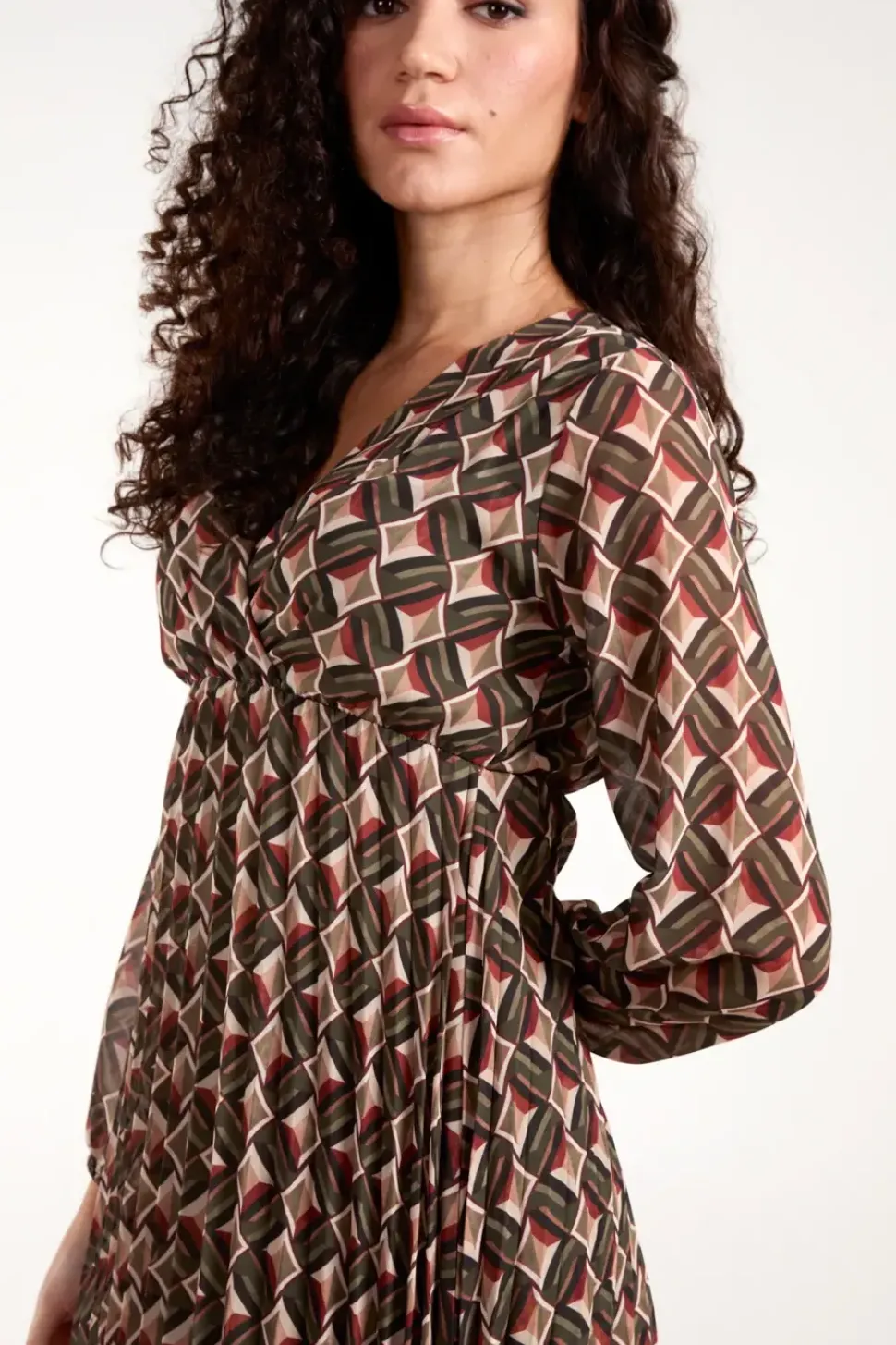 Geo Print Wrap Front Pleated Dress