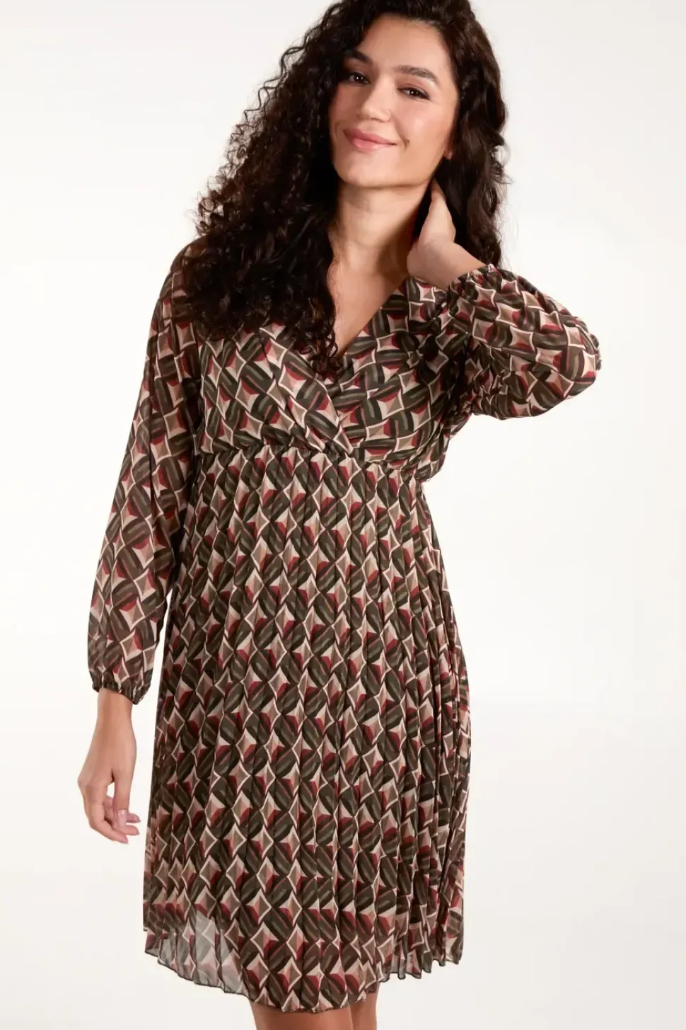 Geo Print Wrap Front Pleated Dress
