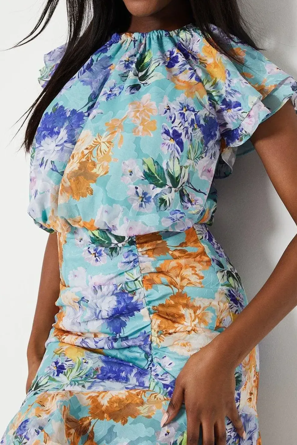 Georgette Jacquard Midi Dress With Ruched Skirt