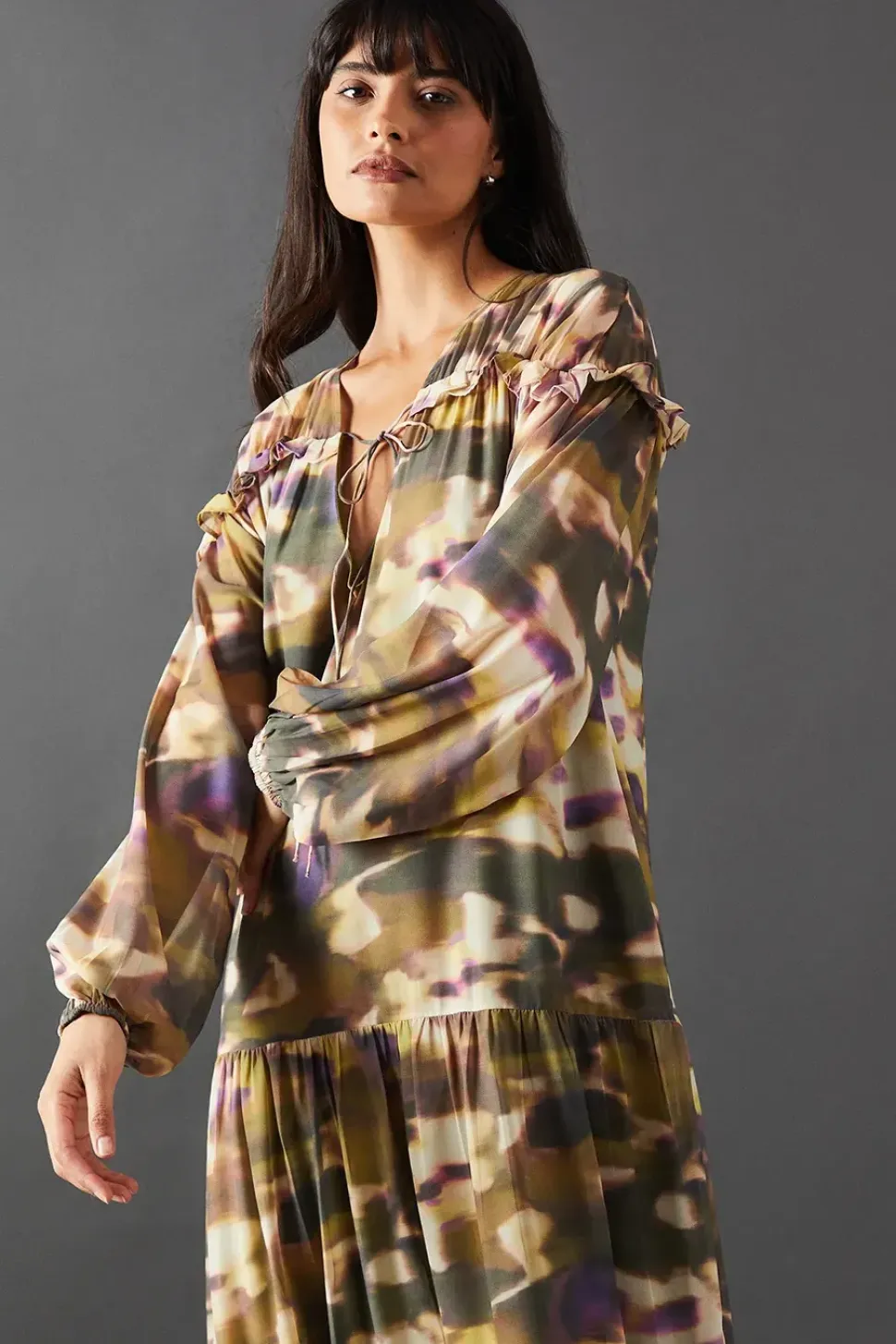 Georgette Tie Neck Tier Hem Midaxi Dress