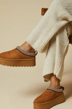 Georgia Suedette Faux Fur Lined Stitch Detail Cosy Chunky Flatform Mules