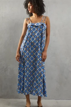 Geo Satin Strappy Square Neck Midi Sundress