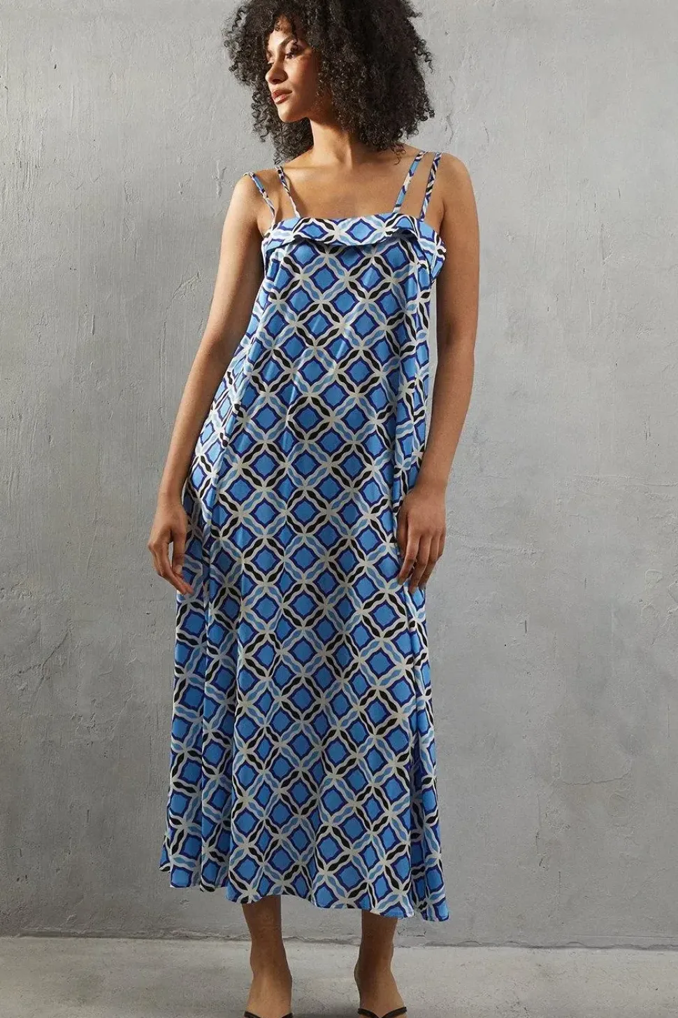 Geo Satin Strappy Square Neck Midi Sundress