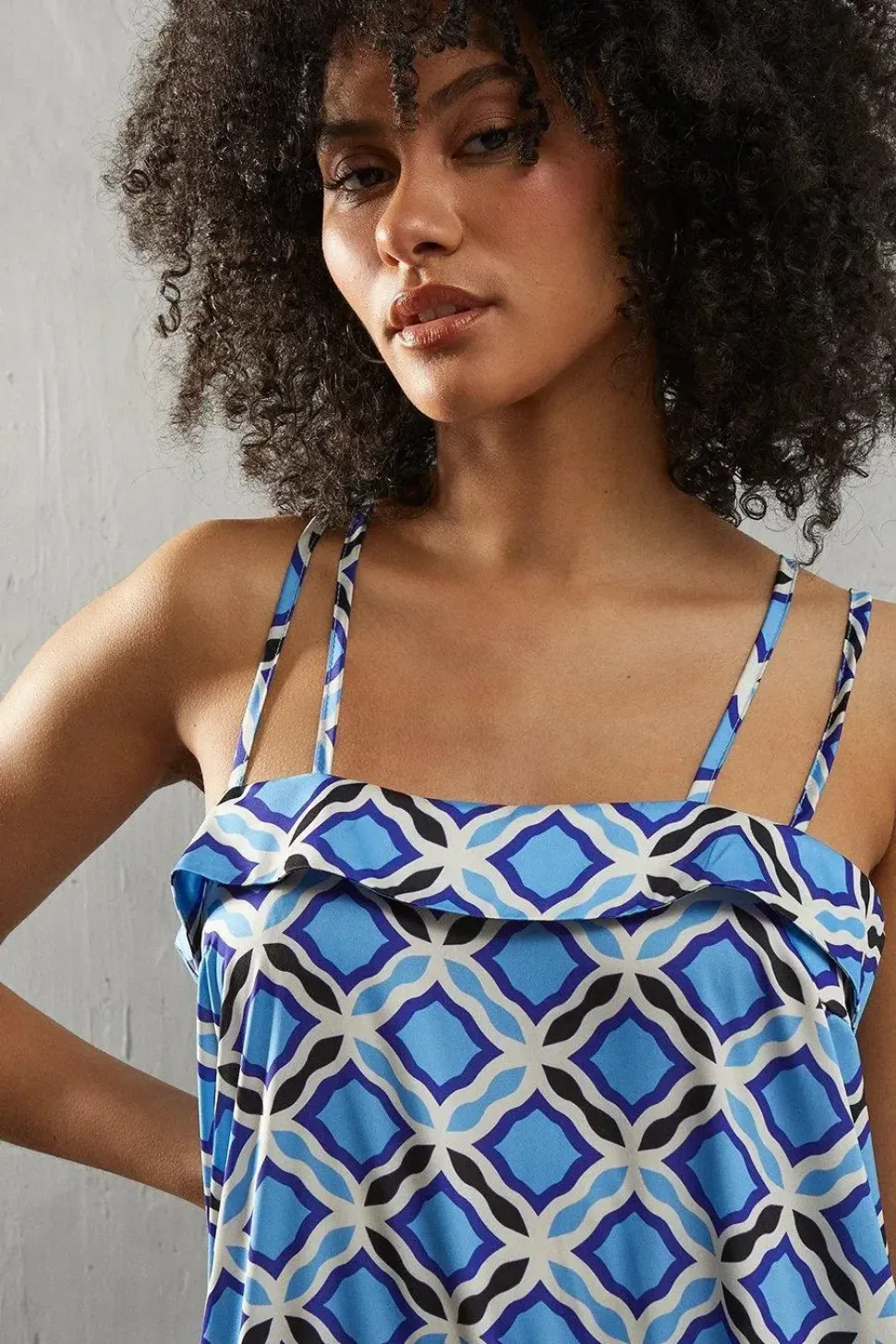 Geo Satin Strappy Square Neck Midi Sundress
