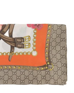GG Supreme Silk Scarf with Floral Print and Chain Belt Motif