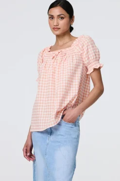 Gingham Check Puff Sleeve Blouse