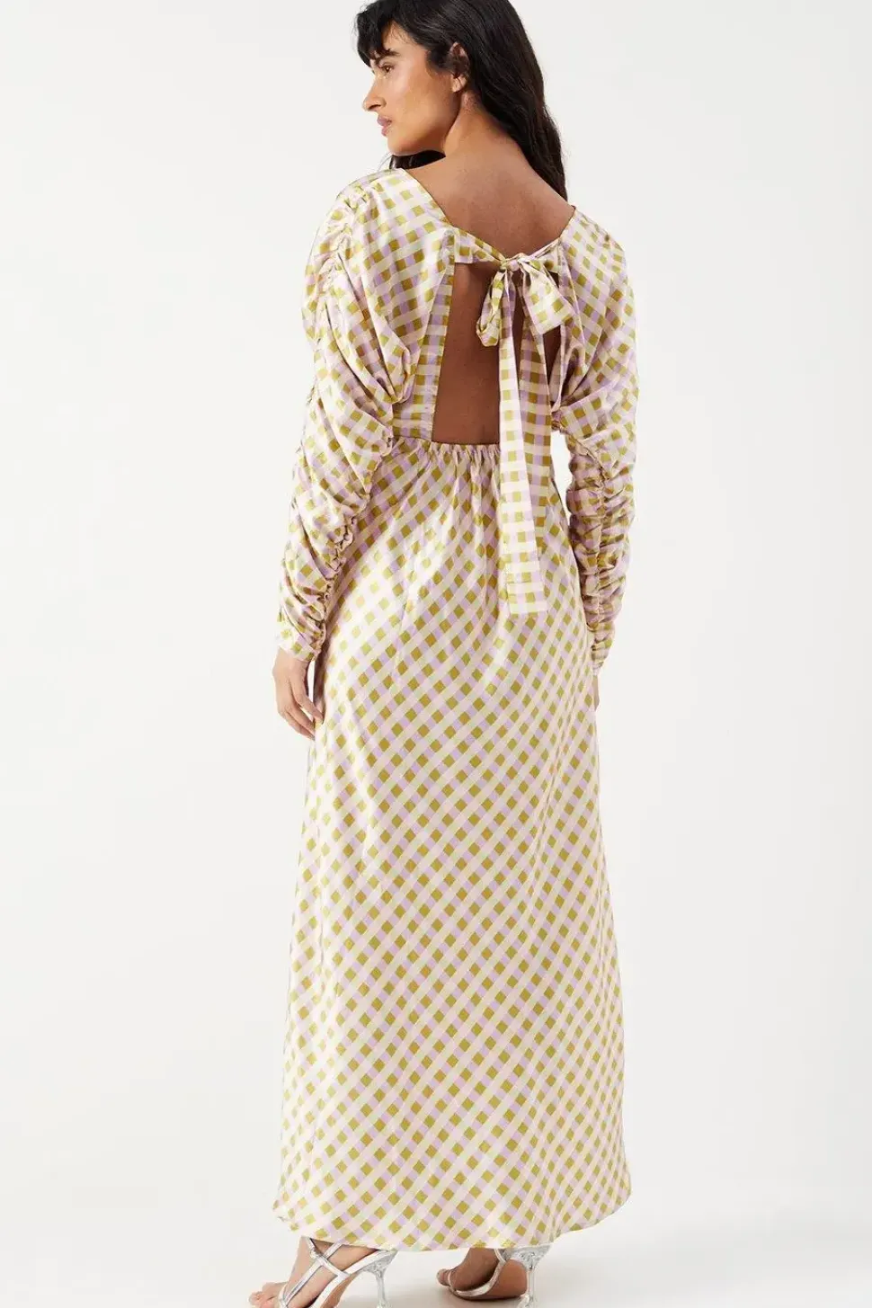 Gingham Satin Batwing Bias Midi Dress