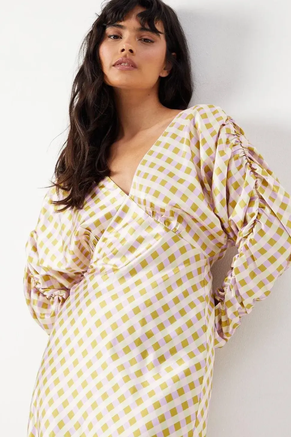 Gingham Satin Batwing Bias Midi Dress