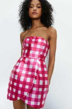 Gingham Satin Twill Bustier Mini Dress