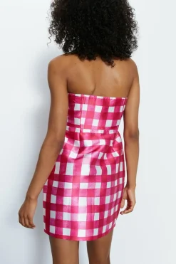 Gingham Satin Twill Bustier Mini Dress