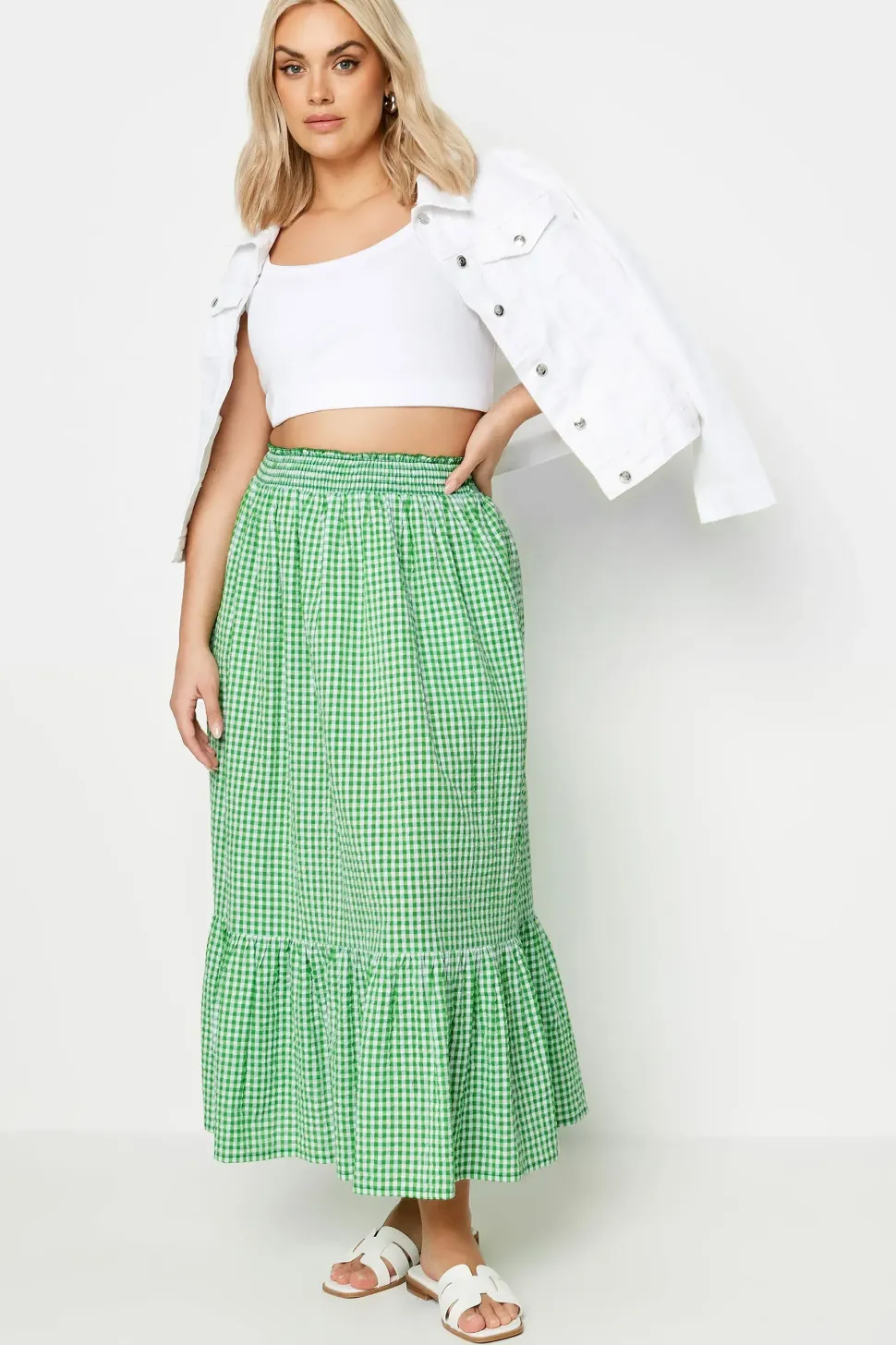 Gingham Tiered Pure Cotton Midi Skirt