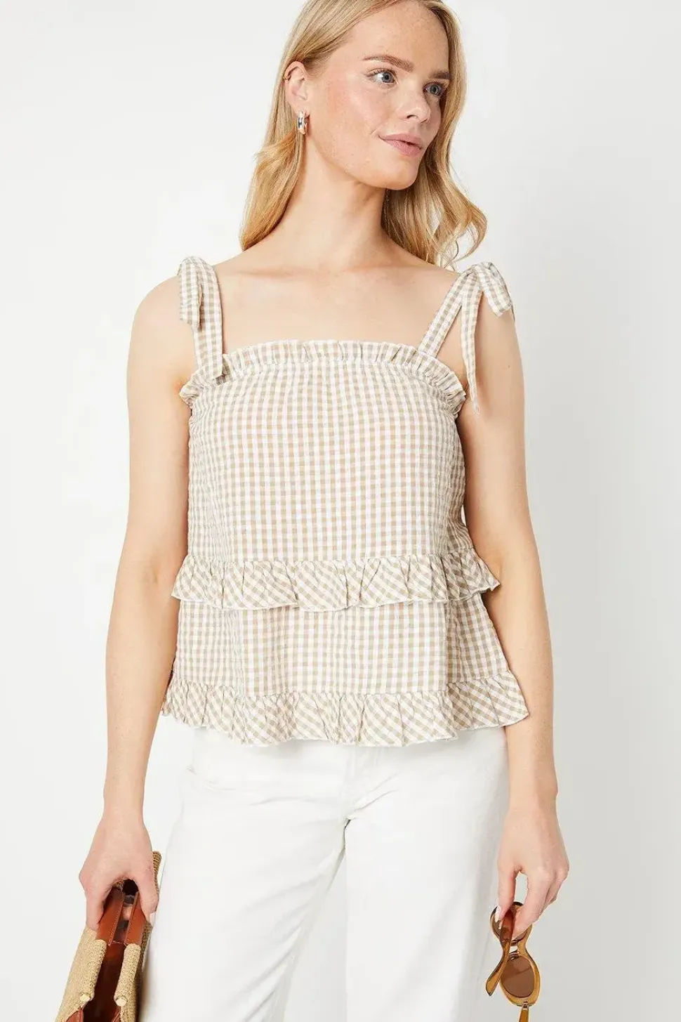 Gingham Tie Shoulder Tiered Top