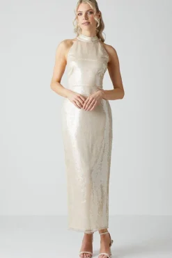 Glass Sequin Halterneck Column Dress
