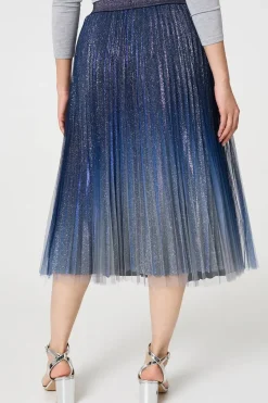 Glittery Sheer Mesh Pleated Midi Skirt